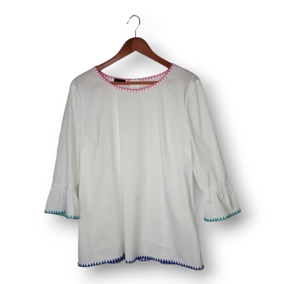 Talbolts White Bell-Sleeve Embroidered Trim Detail Top Size M - Picture 1 of 5